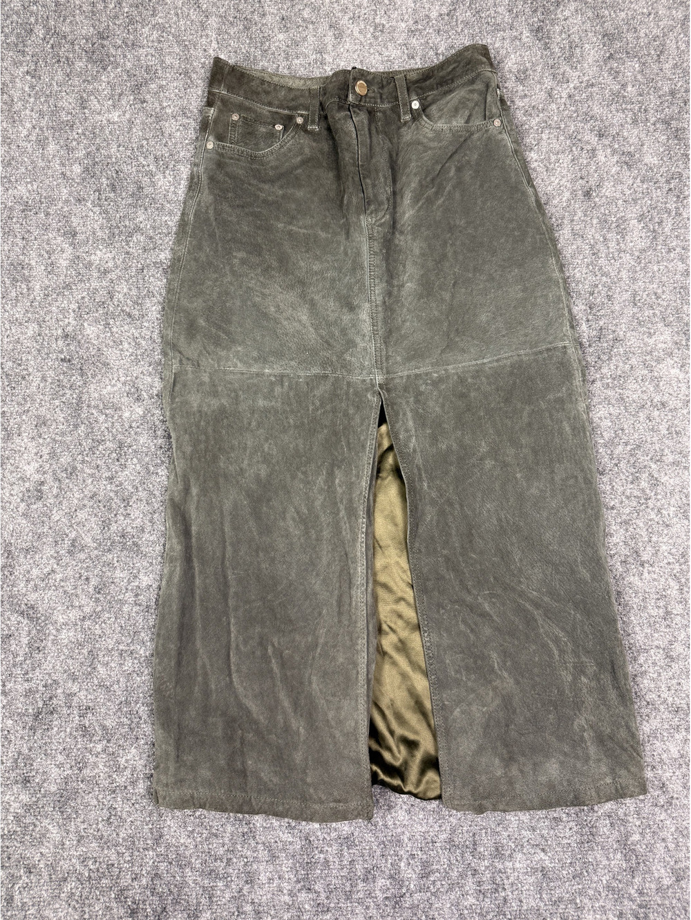 BlankNYC Olive Green Suede Midi Skirt with Front Slit